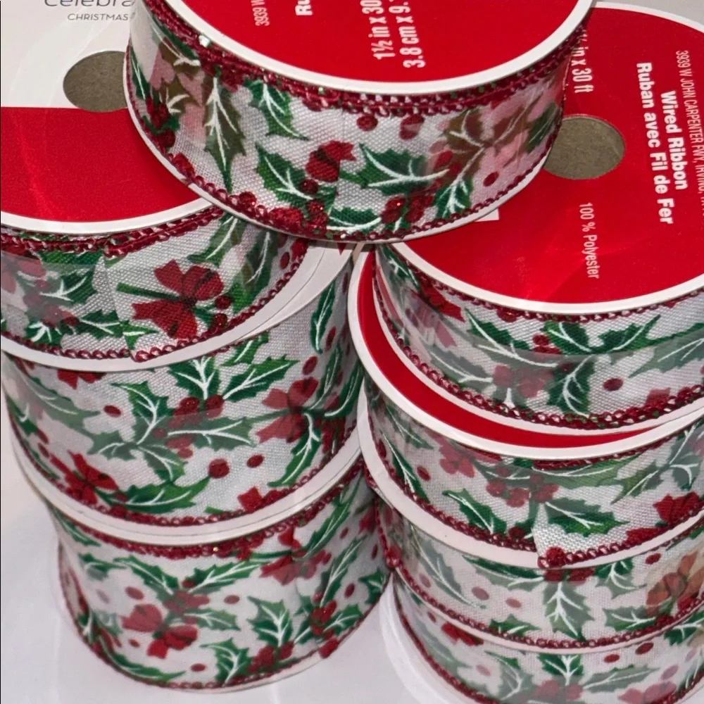 Festive Holly Print Ribbon Red and Green Holiday Ribbon Wired Edge Trad Ribbon
